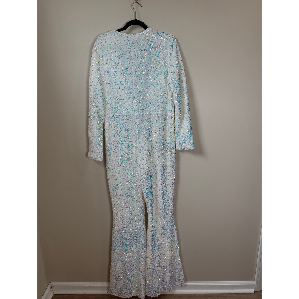 Show Me Your Mumu White Iridescent Sequin Jumpsuit Tie Front Flare XXL NEW - Picture 6 of 6